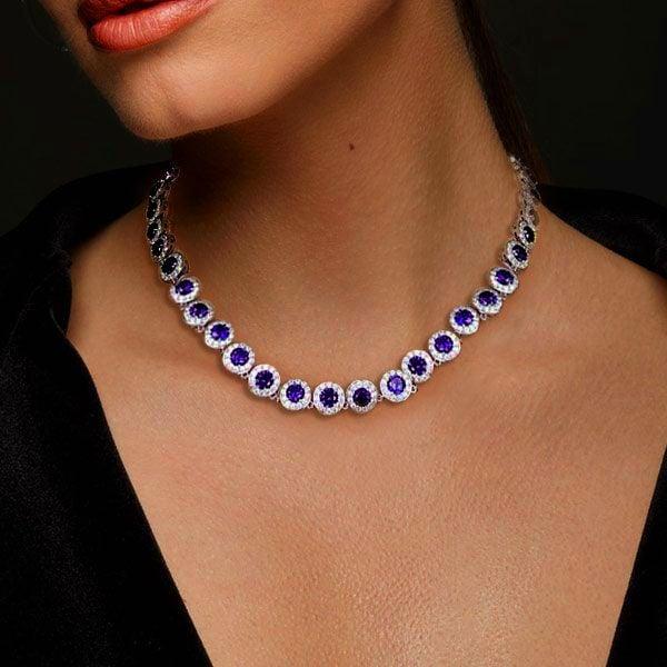 Eternity Halo Amethyst Tennis Necklace in Sterling Silver with Rhodium Finish