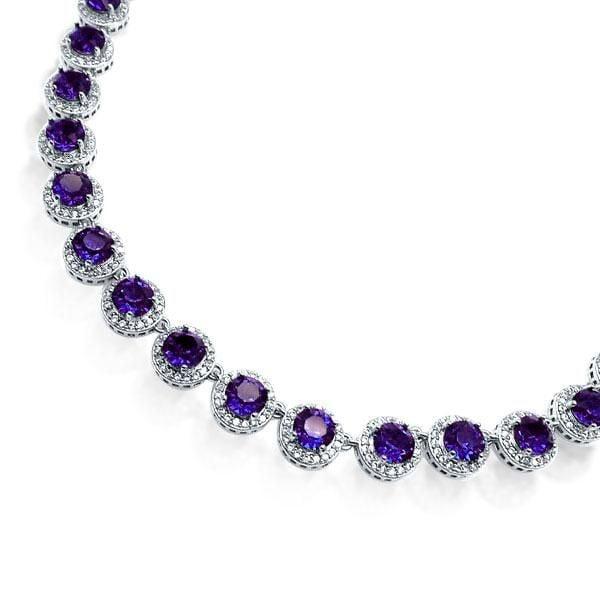 Eternity Halo Amethyst Tennis Necklace in Sterling Silver with Rhodium Finish