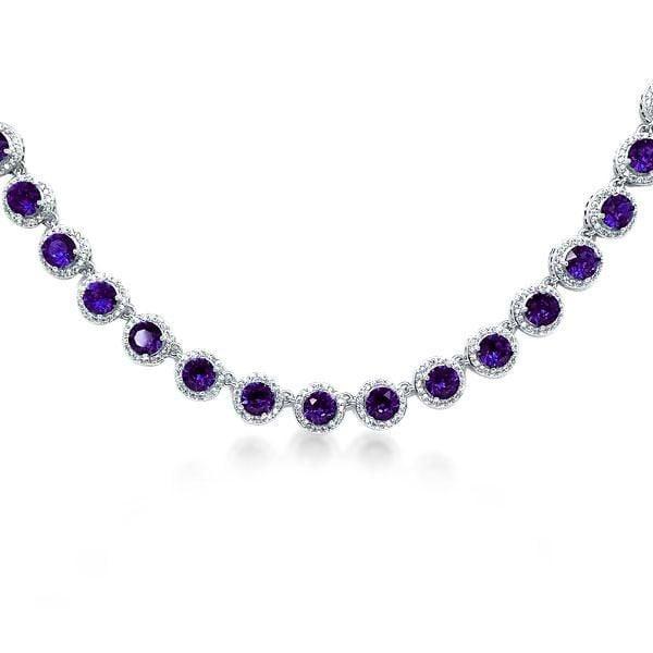Eternity Halo Amethyst Tennis Necklace in Sterling Silver with Rhodium Finish