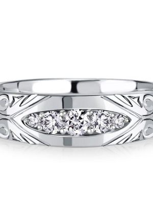 White Sapphire Vintage Style Wedding Band Anniversary Ring - Sterling Silver