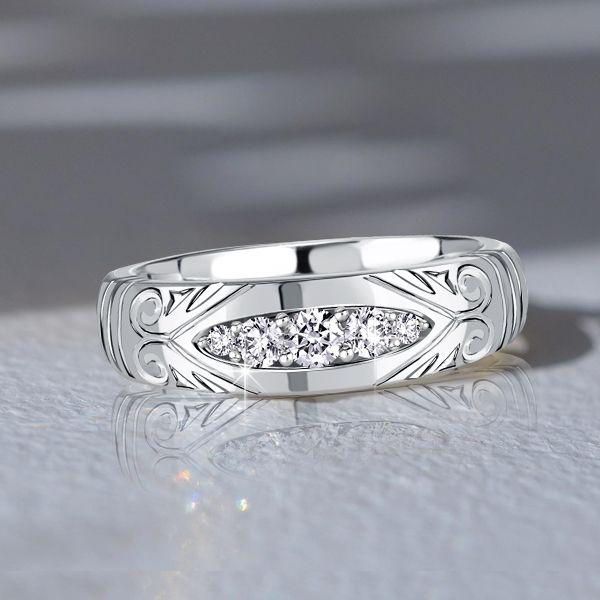 White Sapphire Vintage Style Wedding Band Anniversary Ring - Sterling Silver