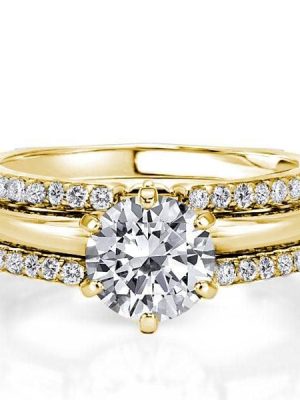 Round Cut Inset Guard Enhancer Engagement Ring Set, 2.00 CTW, 18K Gold Plated Sterling Silver