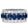 Eternity Blue Stone Wedding Band - Triple Row Oval & Round Cut - Sterling Silver