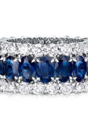 Eternity Blue Stone Wedding Band - Triple Row Oval & Round Cut - Sterling Silver