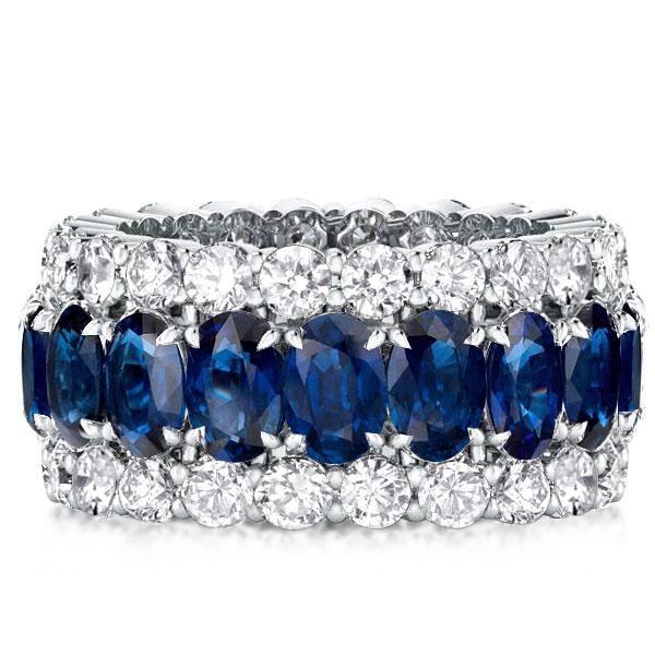 Eternity Blue Stone Wedding Band - Triple Row Oval & Round Cut - Sterling Silver