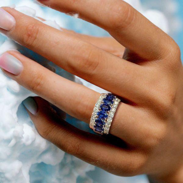 Eternity Blue Stone Wedding Band - Triple Row Oval & Round Cut - Sterling Silver