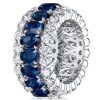 Eternity Blue Stone Wedding Band - Triple Row Oval & Round Cut - Sterling Silver