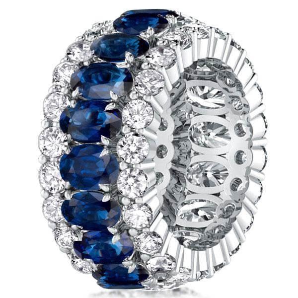 Eternity Blue Stone Wedding Band - Triple Row Oval & Round Cut - Sterling Silver