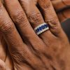 Eternity Blue Stone Wedding Band - Triple Row Oval & Round Cut - Sterling Silver