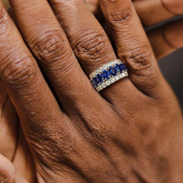 Eternity Blue Stone Wedding Band - Triple Row Oval & Round Cut - Sterling Silver