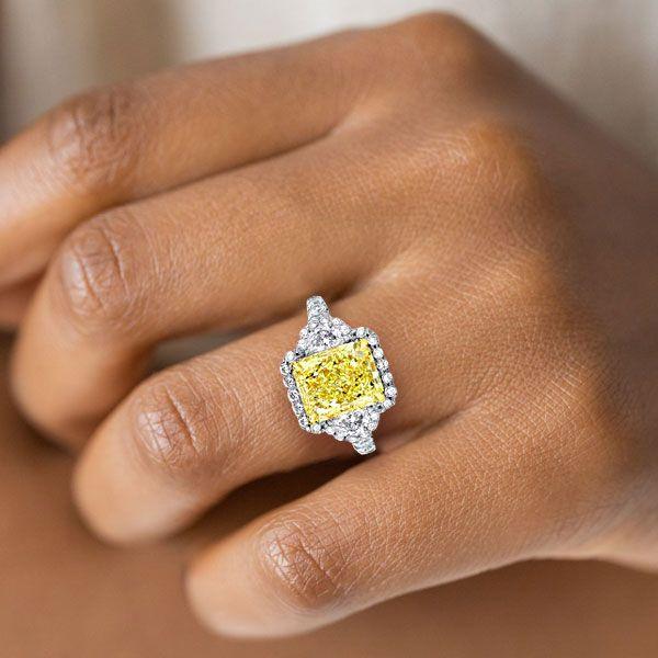 Radiant Cut Three Stone Halo Engagement Ring - Two Tone Sterling Silver