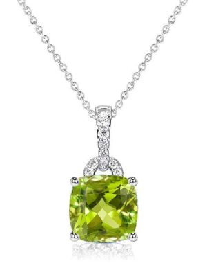 Peridot Pendant Necklace for Women - Cushion & Round Cut - Sterling Silver