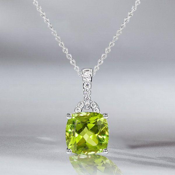 Peridot Pendant Necklace for Women - Cushion & Round Cut - Sterling Silver