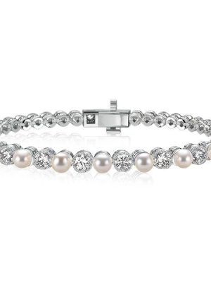 Vintage Milgrain Bezel Round Pearl Tennis Bracelet in Sterling Silver with Rhodium Finish