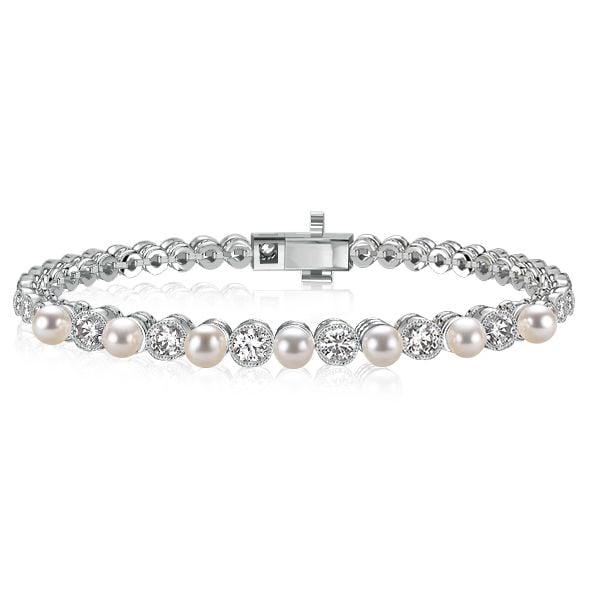 Vintage Milgrain Bezel Round Pearl Tennis Bracelet in Sterling Silver with Rhodium Finish