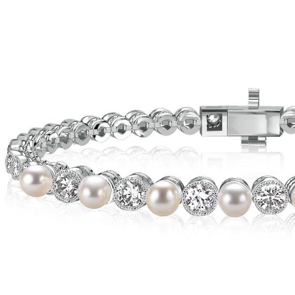 Vintage Milgrain Bezel Round Pearl Tennis Bracelet in Sterling Silver with Rhodium Finish