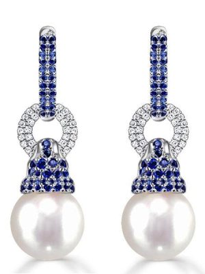 Blue Sapphire & Pearl Drop Earrings - 925 Sterling Silver