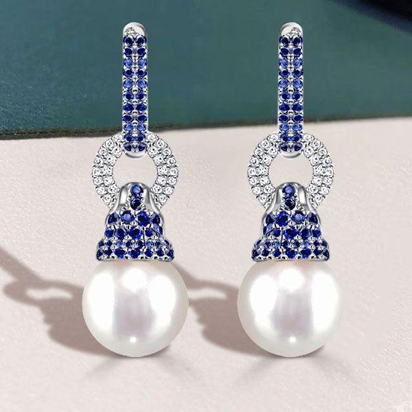 Blue Sapphire & Pearl Drop Earrings - 925 Sterling Silver