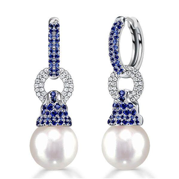 Blue Sapphire & Pearl Drop Earrings - 925 Sterling Silver