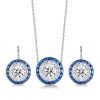 Halo White and Blue Sapphire Necklace and Drop Earrings Jewelry Set in Sterling Silver
