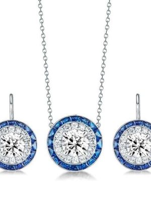 Halo White and Blue Sapphire Necklace and Drop Earrings Jewelry Set in Sterling Silver