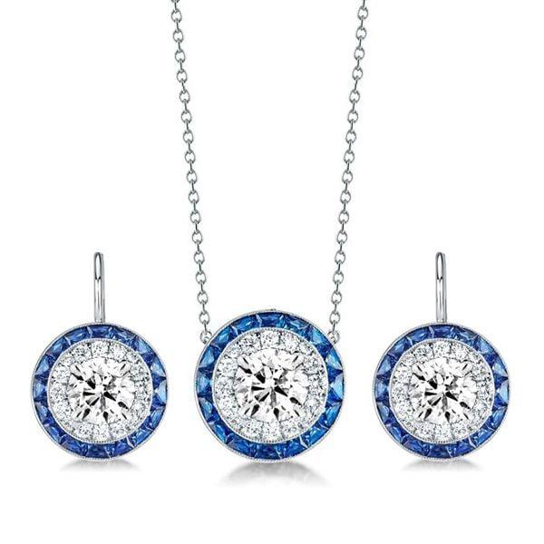 Halo White and Blue Sapphire Necklace and Drop Earrings Jewelry Set in Sterling Silver