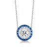 Halo White and Blue Sapphire Necklace and Drop Earrings Jewelry Set in Sterling Silver