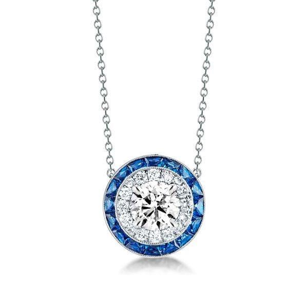 Halo White and Blue Sapphire Necklace and Drop Earrings Jewelry Set in Sterling Silver