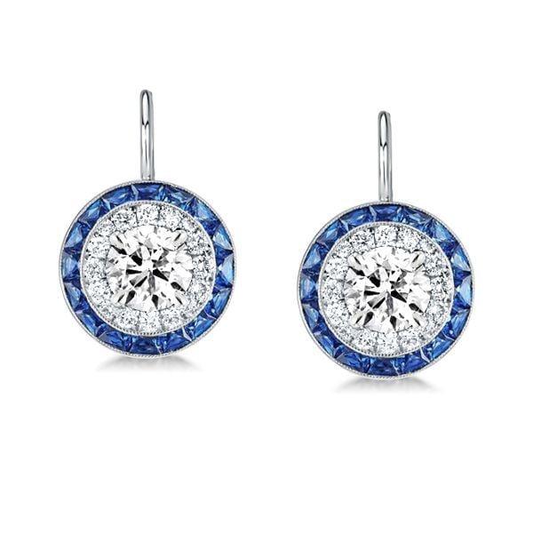 Halo White and Blue Sapphire Necklace and Drop Earrings Jewelry Set in Sterling Silver