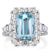Halo Aquamarine Engagement Ring - Two Tone Emerald Cut - Sterling Silver