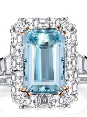 Halo Aquamarine Engagement Ring - Two Tone Emerald Cut - Sterling Silver