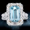 Halo Aquamarine Engagement Ring - Two Tone Emerald Cut - Sterling Silver