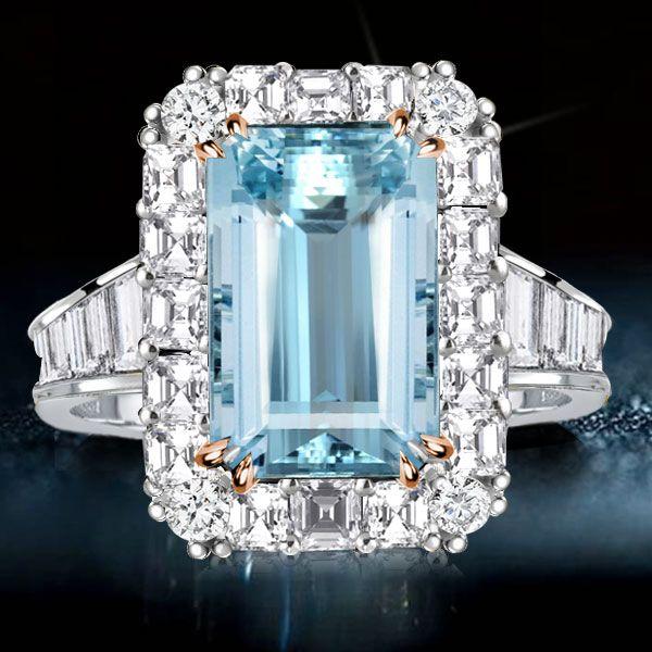 Halo Aquamarine Engagement Ring - Two Tone Emerald Cut - Sterling Silver