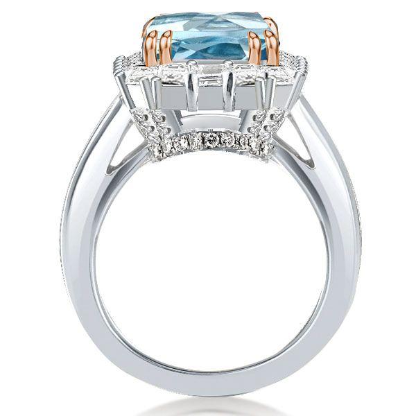 Halo Aquamarine Engagement Ring - Two Tone Emerald Cut - Sterling Silver