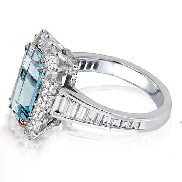 Halo Aquamarine Engagement Ring - Two Tone Emerald Cut - Sterling Silver