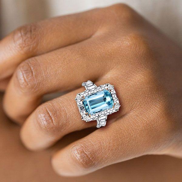 Halo Aquamarine Engagement Ring - Two Tone Emerald Cut - Sterling Silver