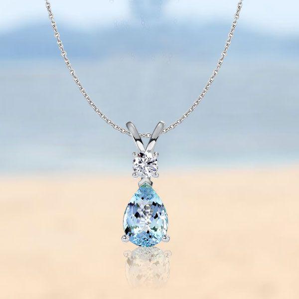 Teardrop Aquamarine Pendant Necklace in Sterling Silver - Dainty & Elegant