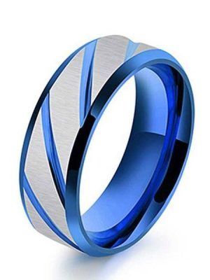 Diagonal Titanium Steel Wedding Band for Men - Blue Plated Ring