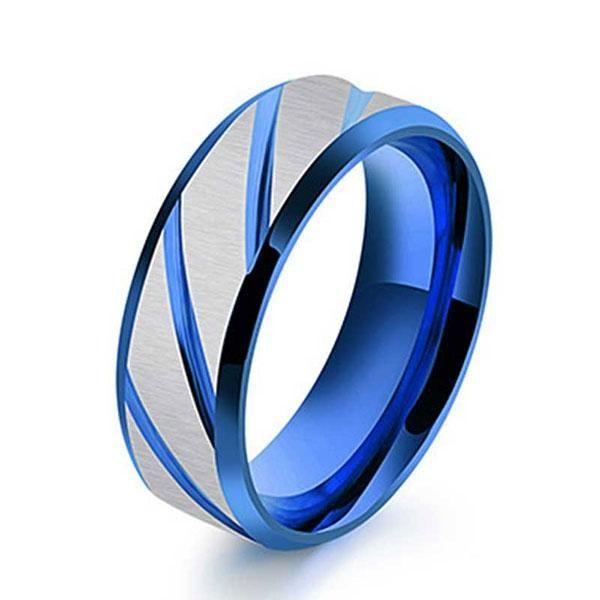 Diagonal Titanium Steel Wedding Band for Men - Blue Plated Ring