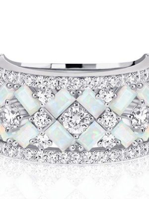 Multi-Row Baguette Opal Half Eternity Wedding Band for Women in Sterling Silver