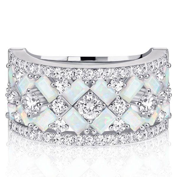 Multi-Row Baguette Opal Half Eternity Wedding Band for Women in Sterling Silver