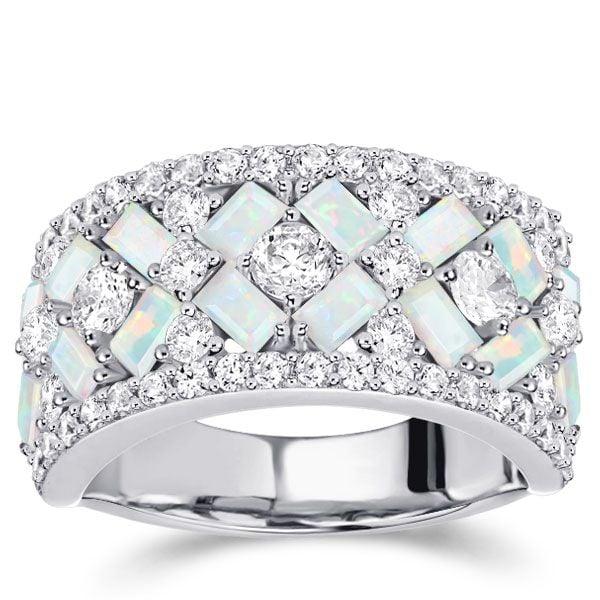 Multi-Row Baguette Opal Half Eternity Wedding Band for Women in Sterling Silver
