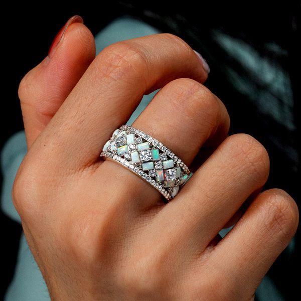 Multi-Row Baguette Opal Half Eternity Wedding Band for Women in Sterling Silver