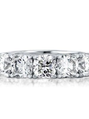 Half Eternity Cushion Cut Wedding Band in Rhodium Plated Sterling Silver