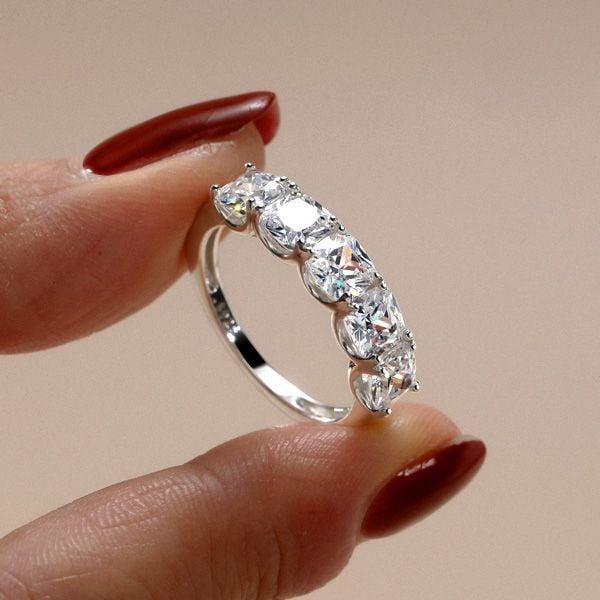 Half Eternity Cushion Cut Wedding Band in Rhodium Plated Sterling Silver