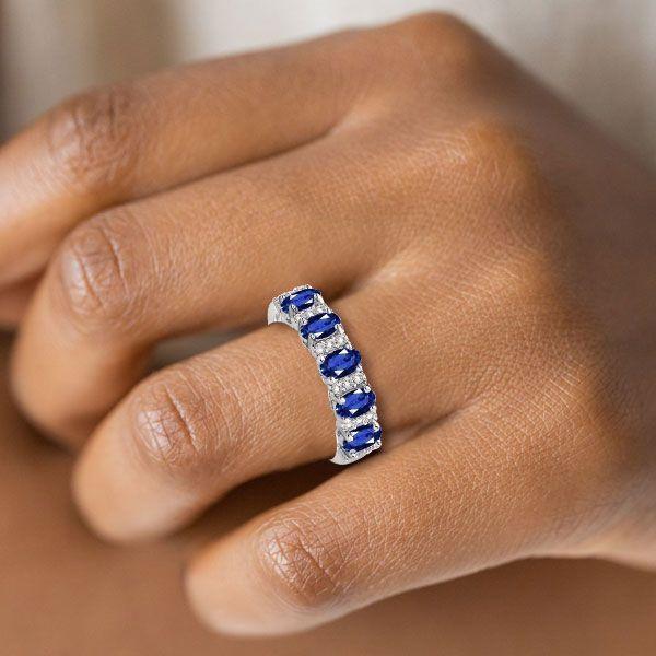 Blue Oval Sterling Silver Half Wedding Band - 1.25 CT. TW.