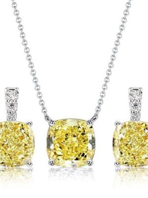 Cushion Cut Yellow Topaz Necklace and Earrings Jewelry Set in Rhodium Plated Sterling Silver
