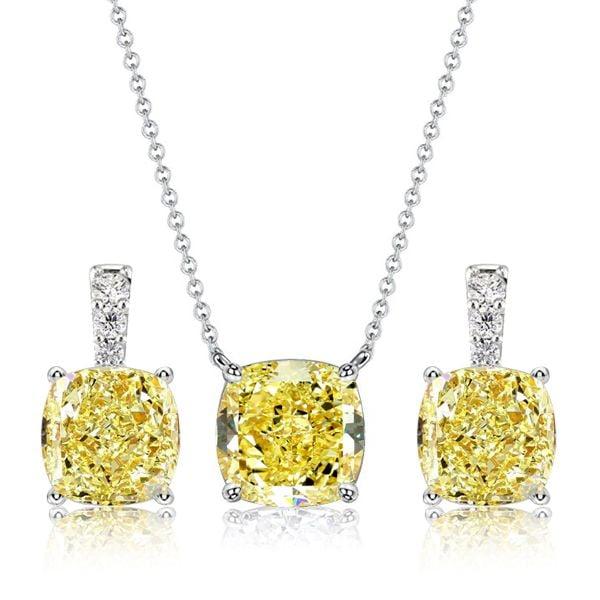 Cushion Cut Yellow Topaz Necklace and Earrings Jewelry Set in Rhodium Plated Sterling Silver