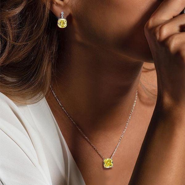 Cushion Cut Yellow Topaz Necklace and Earrings Jewelry Set in Rhodium Plated Sterling Silver