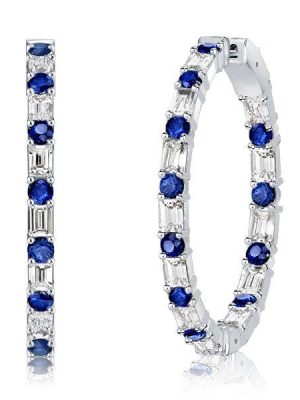 Blue Sapphire Baguette Hoop Earrings - Sterling Silver (7.2 CT)